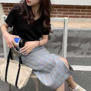 [Korean Style] High Waist Plaid Slit Midi Pencil Skirt