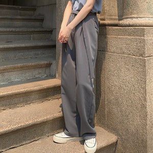 [Korean Style] 3 Colors Buckle Waist Wide Leg Full Length Pleated Trouser