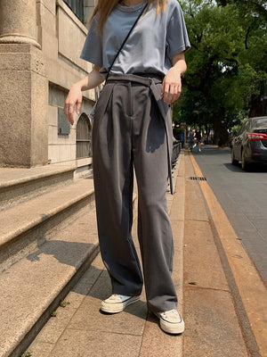 [Korean Style] 3 Colors Buckle Waist Wide Leg Full Length Pleated Trouser
