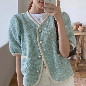 [Korean Style Laky Short Sleeve Cropped Pipping Tweed Jacket w/ Pearl Buttons