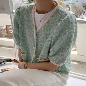 [Korean Style Laky Short Sleeve Cropped Pipping Tweed Jacket w/ Pearl Buttons