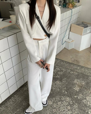 [Korean Style] Ruth Cropped Drawstring Blazer w/ Wide Leg Trouser 2 pc Set