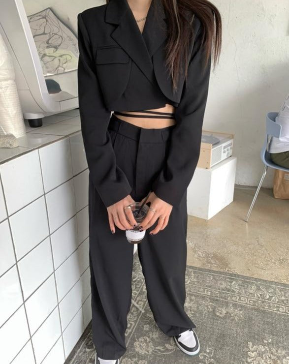 [Korean Style] Ruth Cropped Drawstring Blazer w/ Wide Leg Trouser 2 pc Set