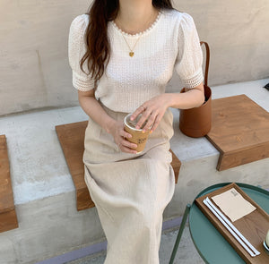 [Korean Style] Cream White Lace Top w/ Puffy Short Sleeves