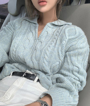 [Korean Style] Cable Knit Collared Sweater Knit Top