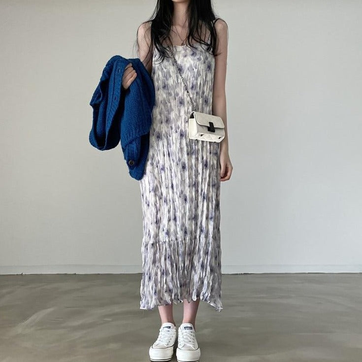 [Korean Style] Wrinkle Textured Flower Print Summer Slip Dress