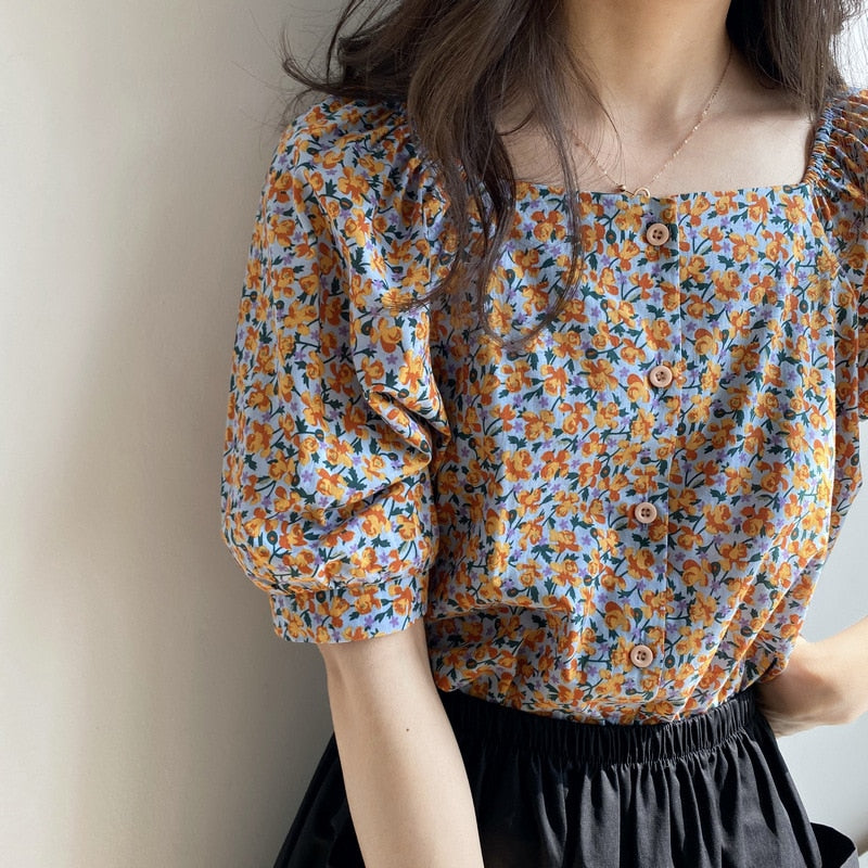 [Korean Style] 3 Color Square Neckline Floral Print Blouse w/ puffy Sleeves