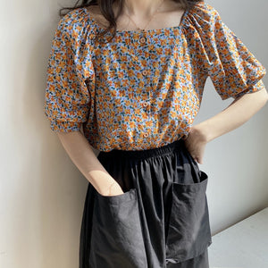 [Korean Style] 3 Color Square Neckline Floral Print Blouse w/ puffy Sleeves