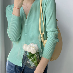 [Korean Style] Solid Color SLim Fit Rib Knit Cardigan