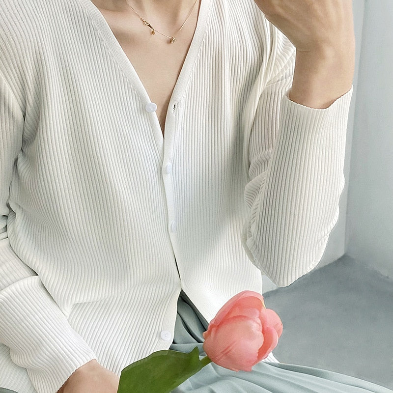 [Korean Style] Solid Color SLim Fit Rib Knit Cardigan