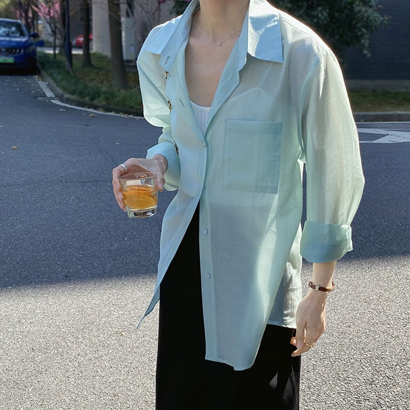 [Korean Style] 4 Color See-through Loose Fit Sheer Blouse