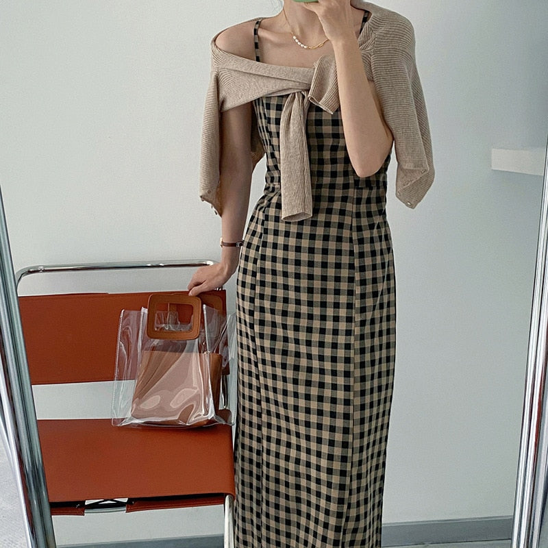 [Korean Style] Mandie Square Collar Check Cami Dress