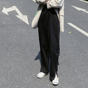 [Korean Style] Gray Black Full Length Drawstring Sweatpants w/ Slit