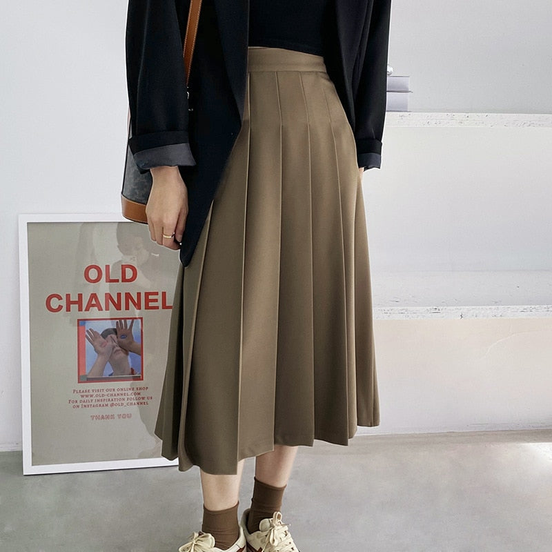 [Korean Style] Roltha Solid Color Pleated Midi Skirt