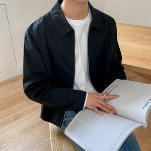[Korean Style] Black/Beige Solid Lapel Zipper Jacket