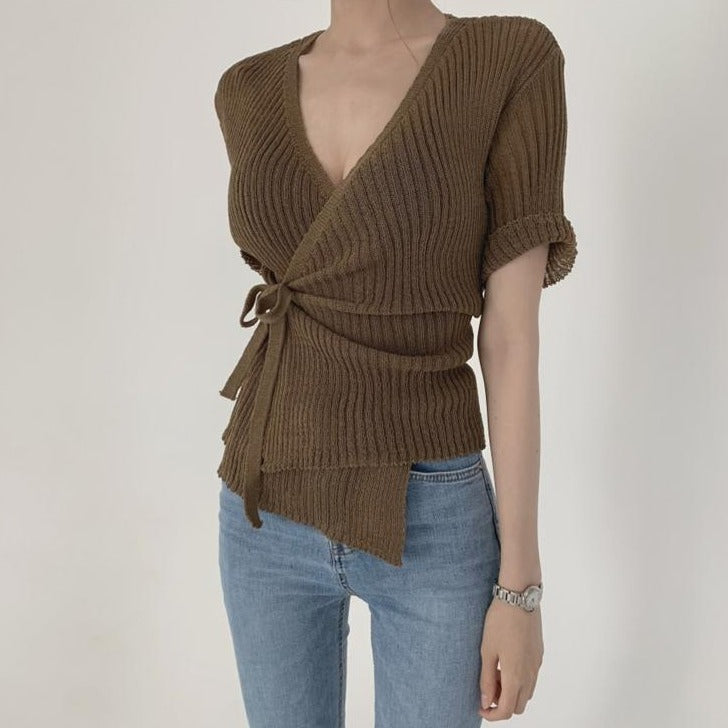 [Korean Style] Solid Color Drawstring Wrap Knit Top