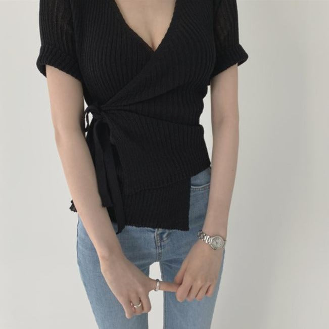[Korean Style] Solid Color Drawstring Wrap Knit Top