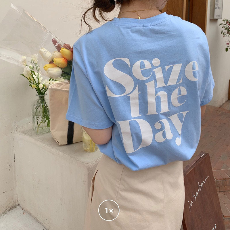 [Korean Style] Seize-the-day Loose Fit Short Sleeve Graphic T-shirt