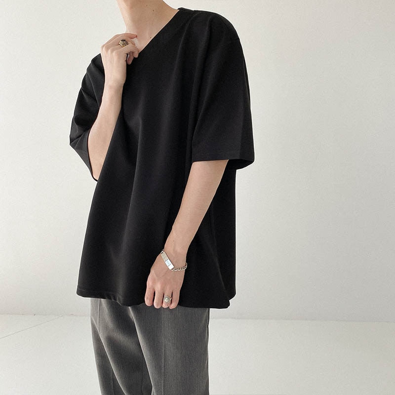 [Korean Style] 2 Colors Oversize Solid V-neck T-shirts