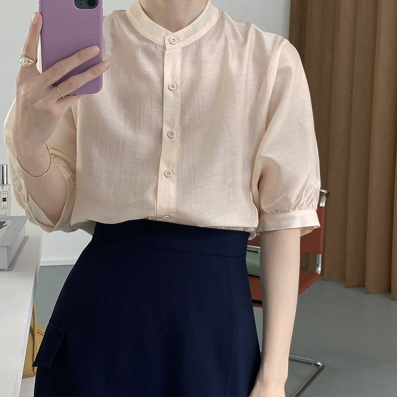 [Korean Style] Solid Color Collarless Puff Sleeve Sheer Blouse