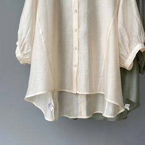 [Korean Style] Solid Color Collarless Puff Sleeve Sheer Blouse