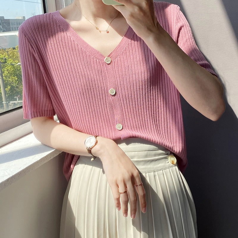 [Korean Style] V-neck Solid Color Short Sleeve Rib Knit Top