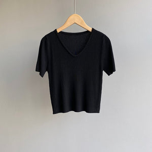 [Korean Style] U-neck Short Sleeve Cropped Rib Knit Top