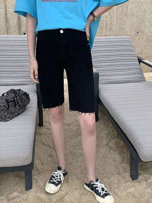 [Korean style] Cream Black Knee High Bermuda Biker Shorts