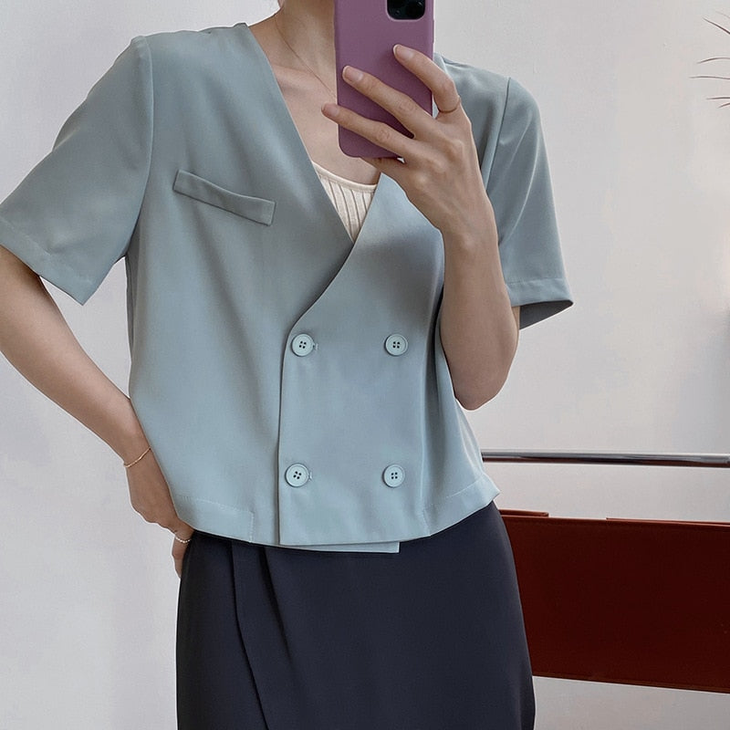 [Korean Style] Collarless Solid Color Double Breasted Cropped Blazer