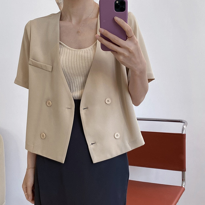 [Korean Style] Collarless Solid Color Double Breasted Cropped Blazer