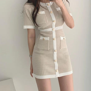[Korean Style] Crew Neck Button-down Short Sleeve Knit Mini Dress