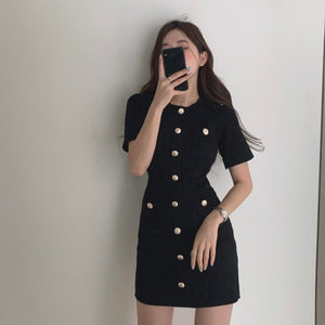 [Korean Style] Crew Neck Button-down Short Sleeve Knit Mini Dress