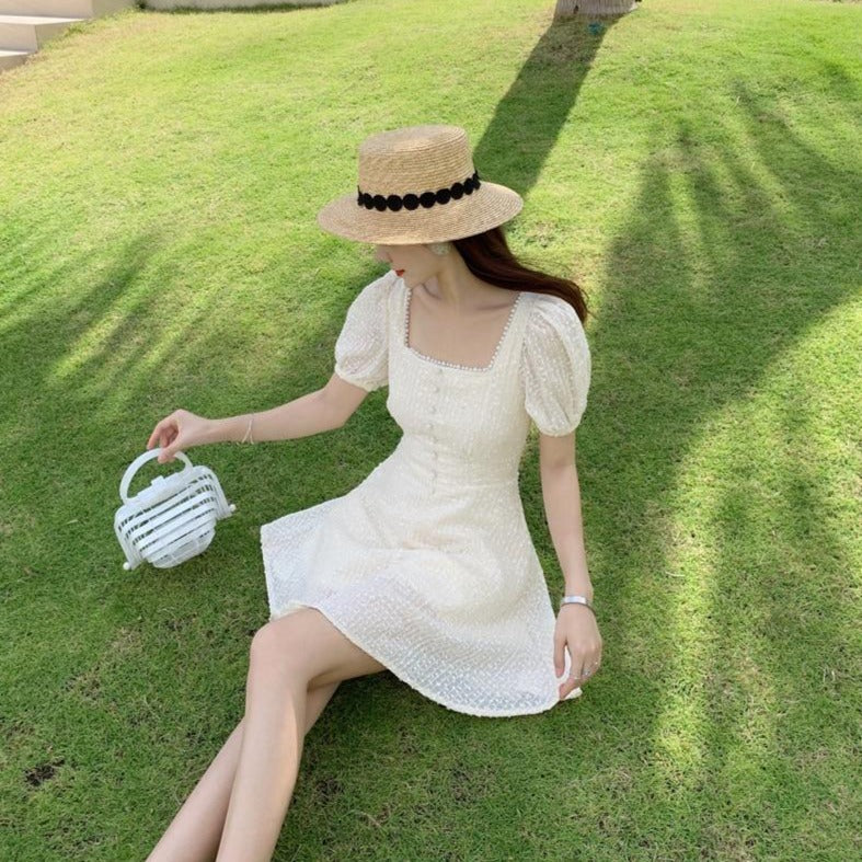 Korean Style] Pearl Square Collar Short Sleeve A-line Mini Dress w/ P –  Ordicle