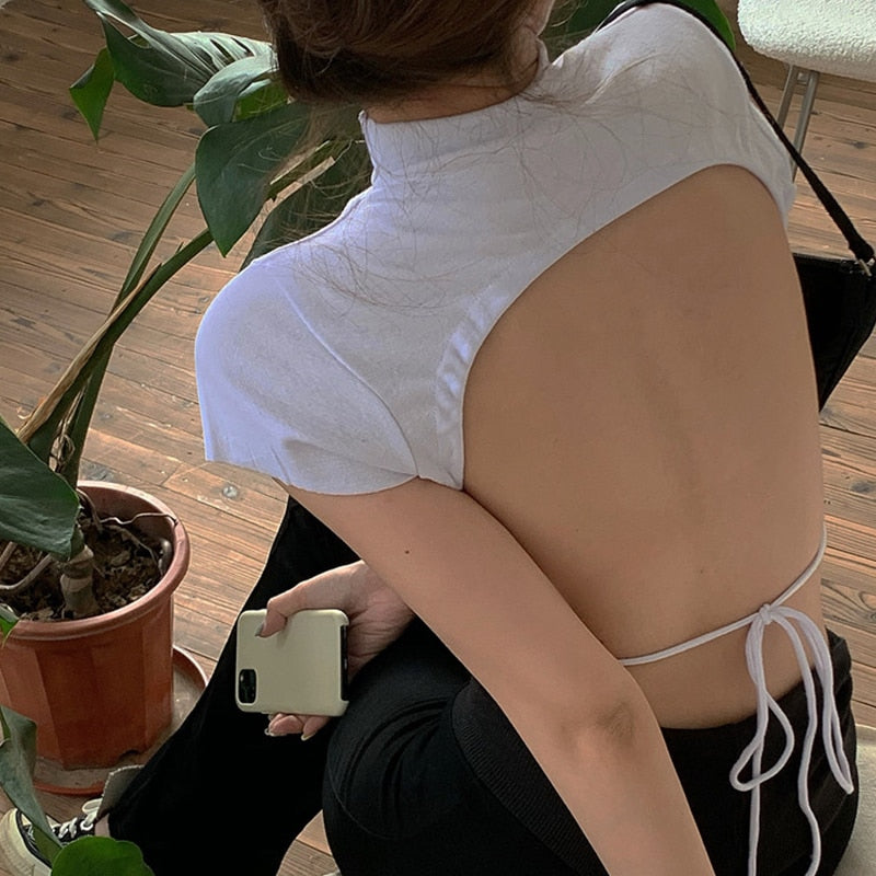 [Korean Style] Cut-off Back Drawstring Slim Fit Turtleneck White Cotton Tee