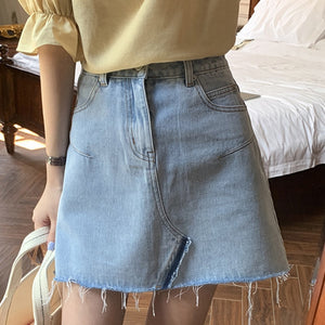 [Korean Style] Light Wash Ripped Fringed Denim Mini Skirt