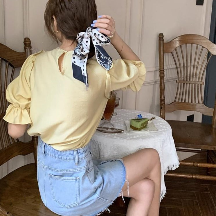 [Korean Style] Light Wash Ripped Fringed Denim Mini Skirt