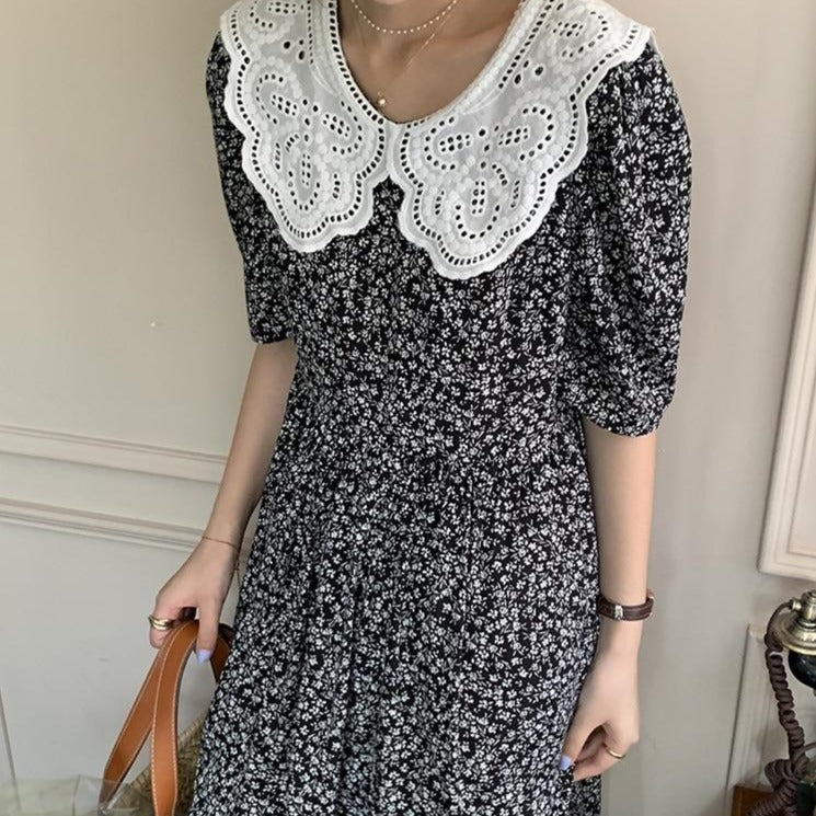 [Korean Style] Lace Sailor Collar Floral Print Midi Dress