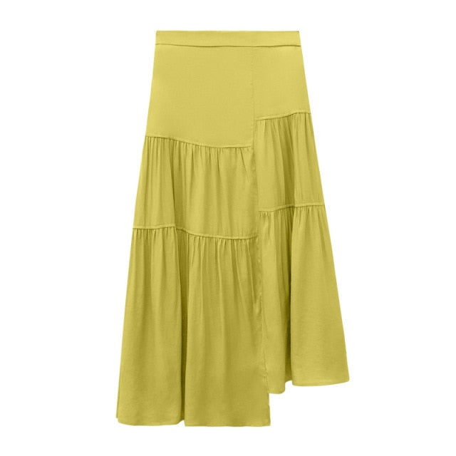 [Korean Style] Solid Color High Waist Asymmetrical Cinched Waist Tiered Maxi Skirt