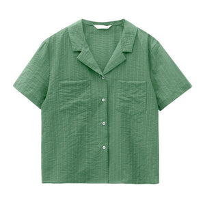[Korean Style] 4 Colors Notched Collar Striped Shirts w/ Pockets