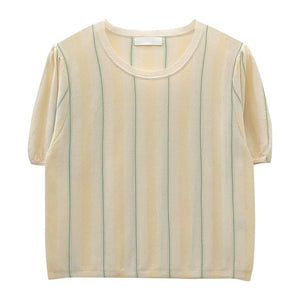 [Korean Style] Multi-color Striped Round Neck Short Sleeve Knit Top