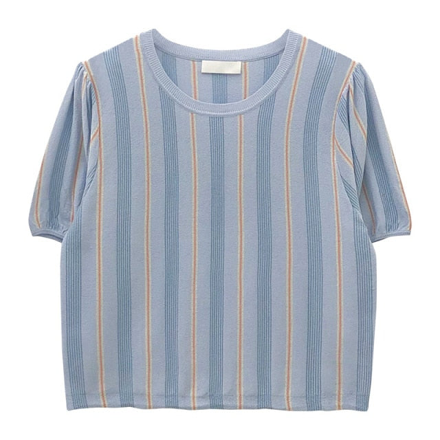 [Korean Style] Multi-color Striped Round Neck Short Sleeve Knit Top