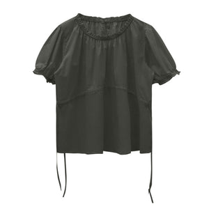 [Korean Style] Solid Color Drawstring Blouse w/ Puffy Sleeves