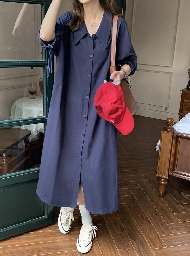 [Korean Style] Chelsea Collared Navy Maxi Shirt Dress w/ Drawstring Puff Sleeves