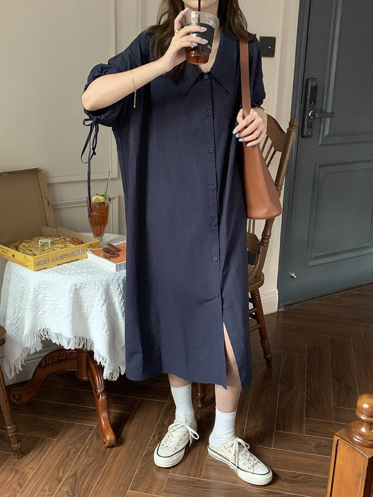 [Korean Style] Chelsea Collared Navy Maxi Shirt Dress w/ Drawstring Puff Sleeves