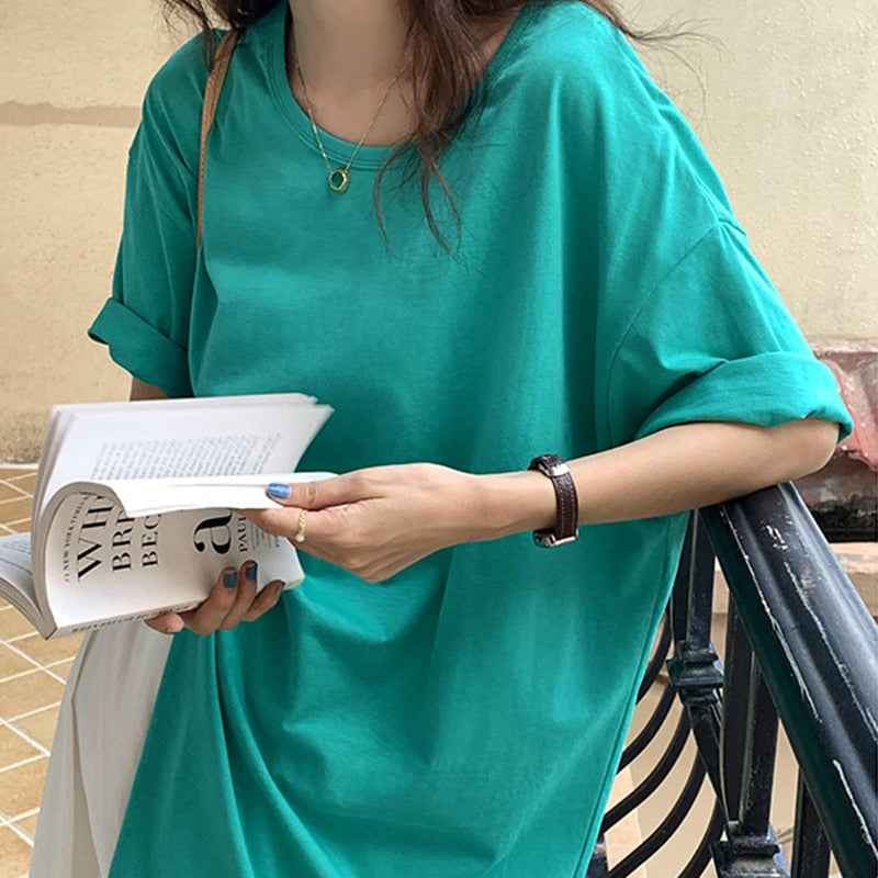 [Korean Style] Round Neck Solid Color Oversized Slit T-shirt