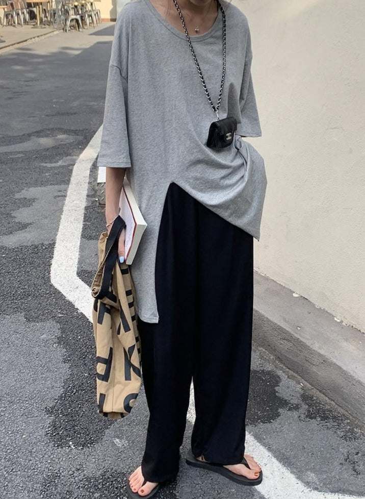 [Korean Style] Round Neck Solid Color Oversized Slit T-shirt