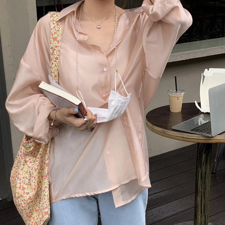 [Korean Style] Loose Fit Side Button See-through Sheer Blouse