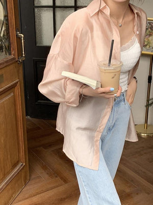 [Korean Style] Loose Fit Side Button See-through Sheer Blouse