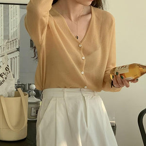 [Korean Style] Solid Color V-Neck Long-Sleeved Sheer Knit Top Cardigan