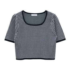 [Korean Style] Holdan Square Neck Houndstooth pattern Knit Top